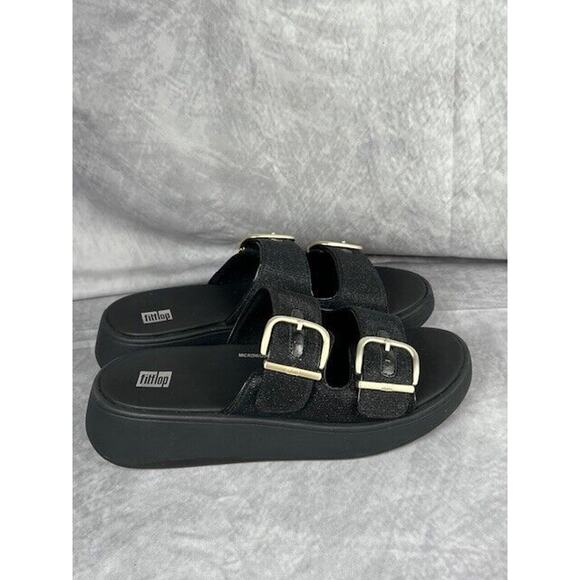 FitFlop Women's F-Mode Black Big Buckle Shimmerlux Flatform Sandals Gold US 9 - Picture 3 of 8